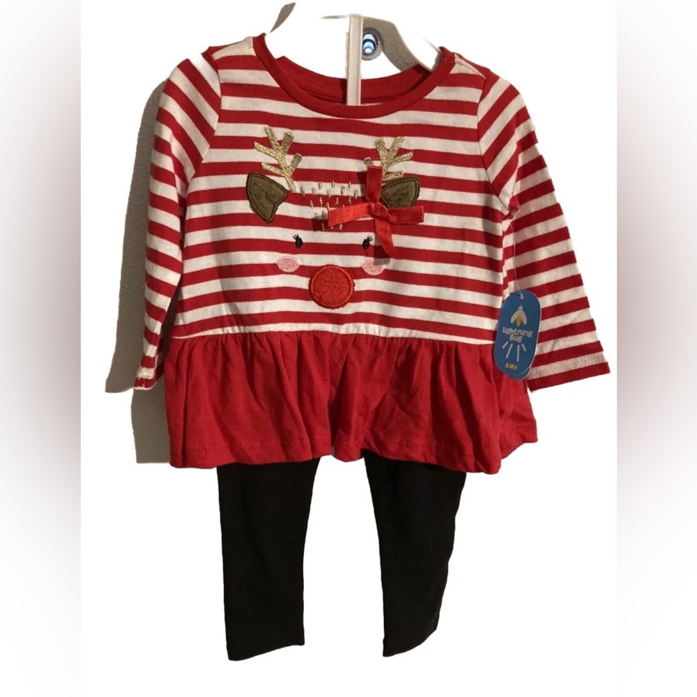 Lightning Bug Baby 3-6 months girl Holiday Deer Face 2 piece set NEW